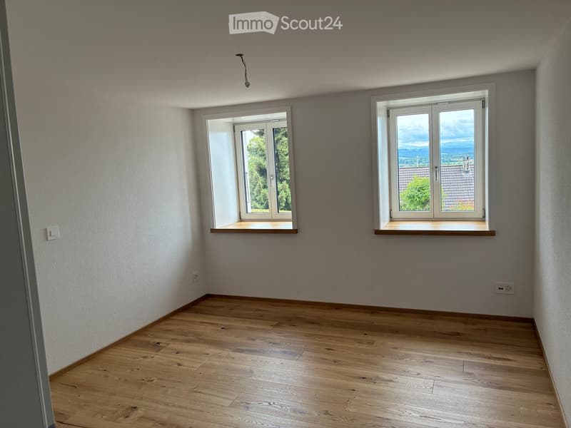 Empty room with wooden flooring, two windows with white frames, and neutral-colored walls.