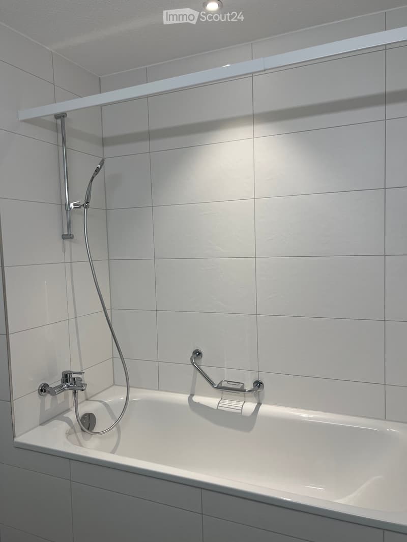 Modern bathroom with a white bathtub, chrome faucet, handheld showerhead, and built-in handrail.