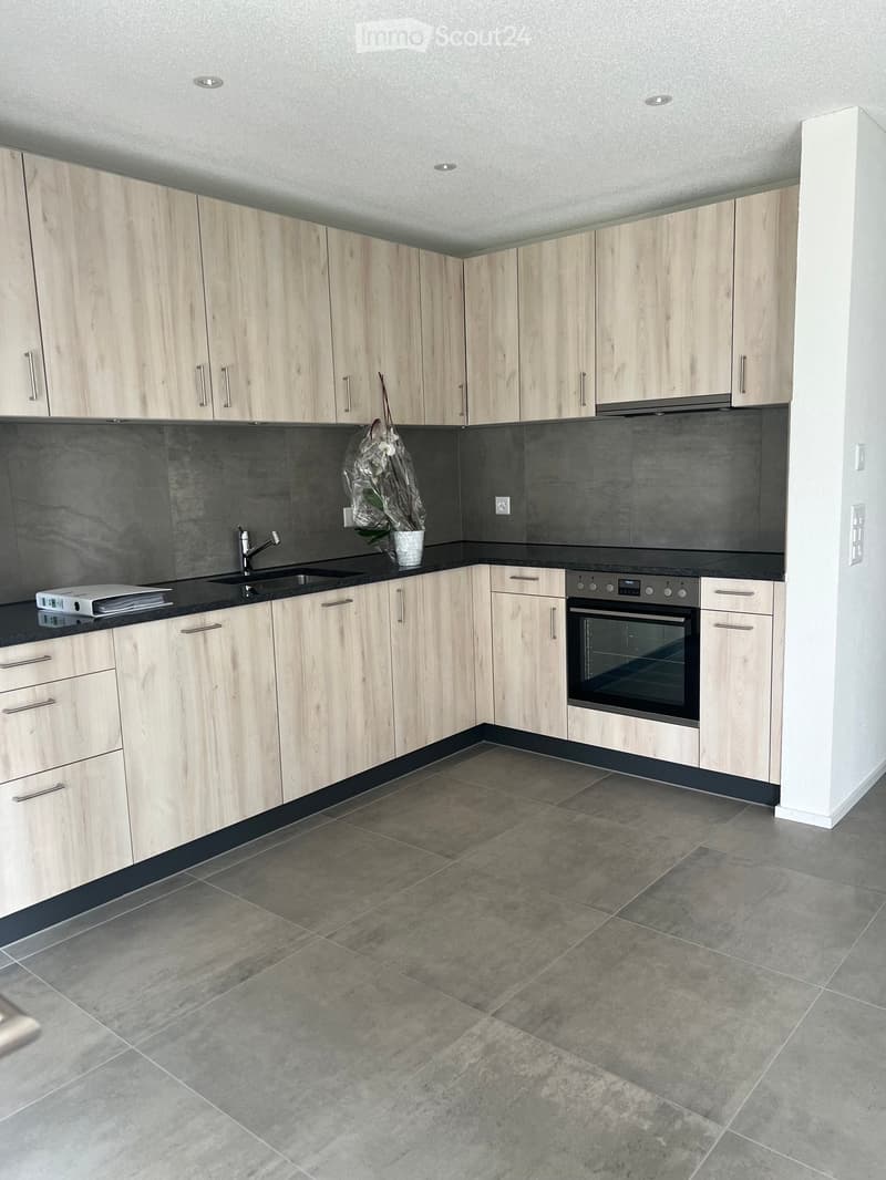 Modern kitchen with light wood cabinets, dark countertops, and a tiled floor. Features a sink, faucet, oven, and a flower pot on the counter.