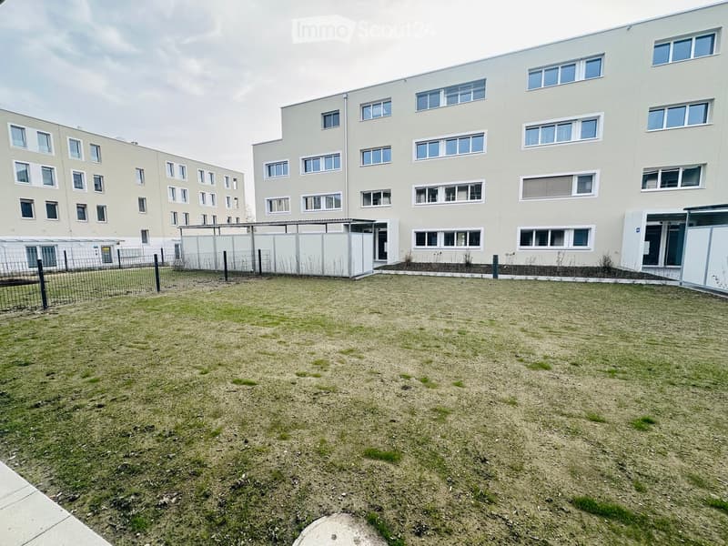 Two-story residential building with light-colored facade and multiple windows, surrounded by a fenced yard with sparse grass and small plants.