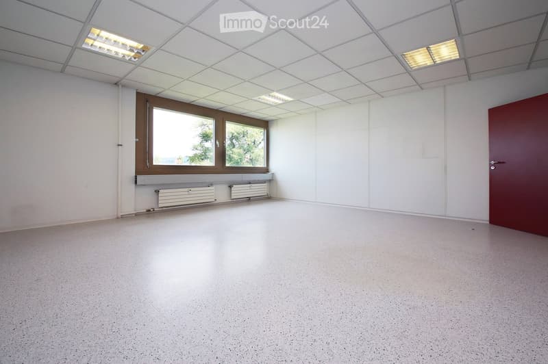 Empty room with white walls, a large window, a radiator, and a red door.