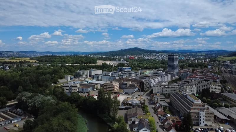 Aerial view of a cityscape with a mix of residential and commercial buildings, surrounded by greenery and a river running through the area.