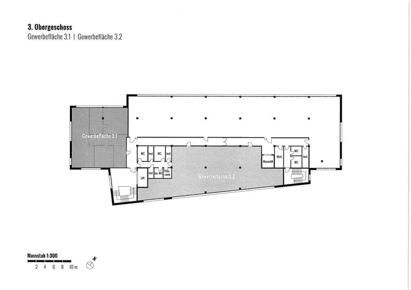 Floor plan of the third floor showing two commercial spaces (Gewerbefläche 3.1 and 3.2), restrooms, storage, and a lift.