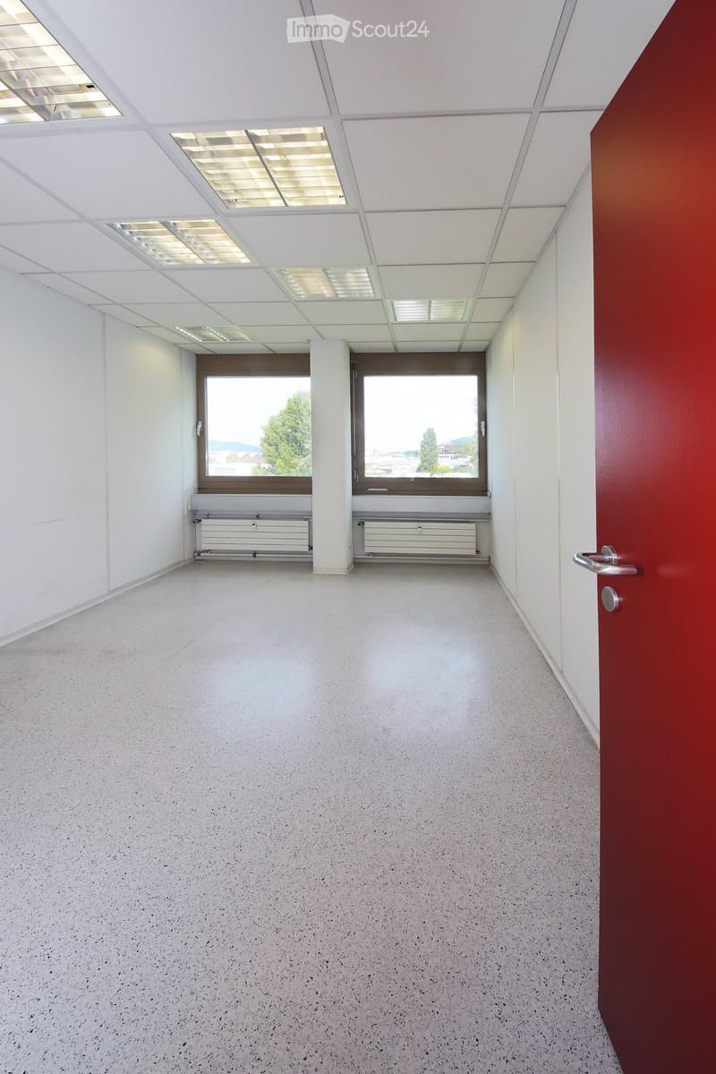 Empty hallway with white walls, grey speckled floor, and large windows at the end. Features a red door on the right and a white pillar in the center.
