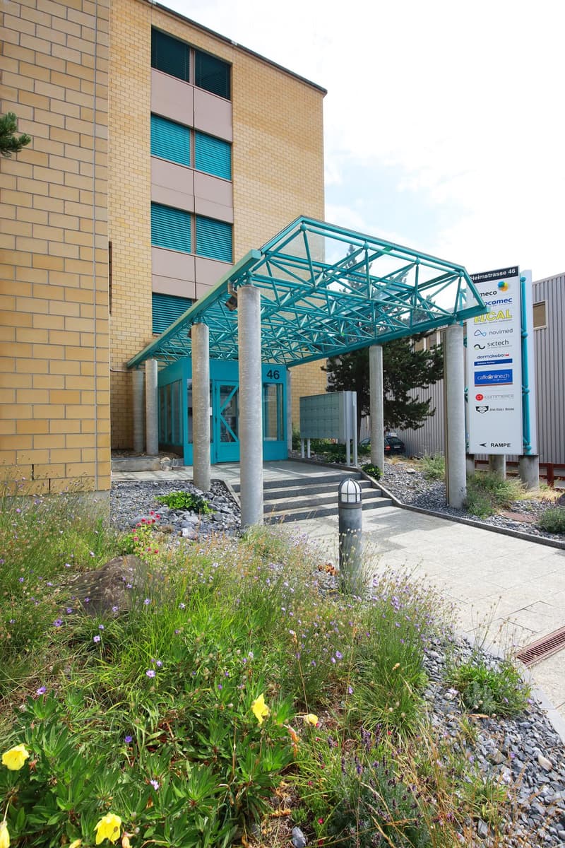 Modern building entrance with a glass canopy, steps, and a sign displaying company names. The surrounding area includes a landscaped garden with flowers and shrubs.