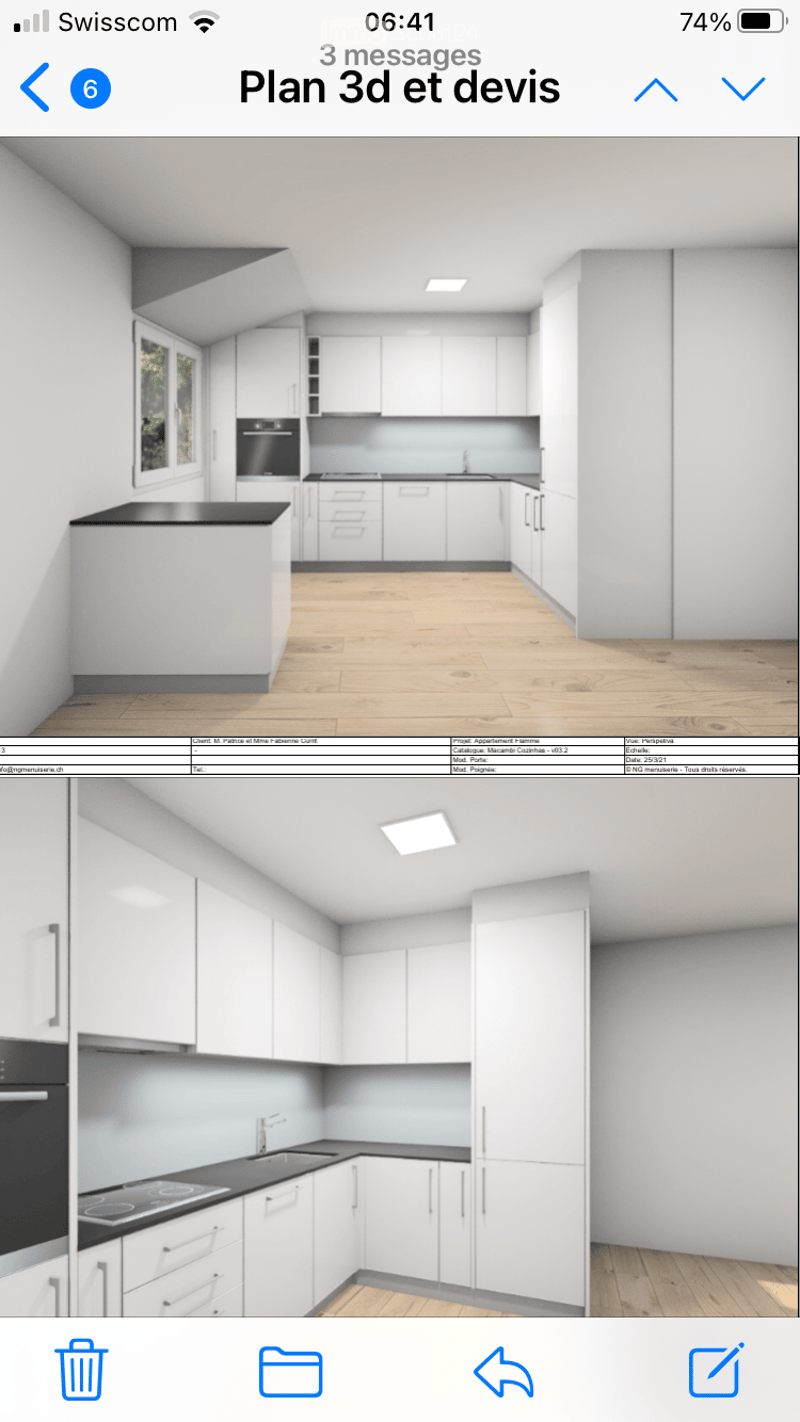 3D render of a modern kitchen with white cabinets, black countertops, and wooden flooring. Includes built-in oven, sink, and various storage units.