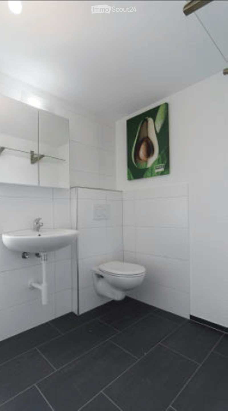 Modern bathroom with white tiles, black floor, white sink, mirror cabinet, toilet, and a framed avocado picture on the wall.