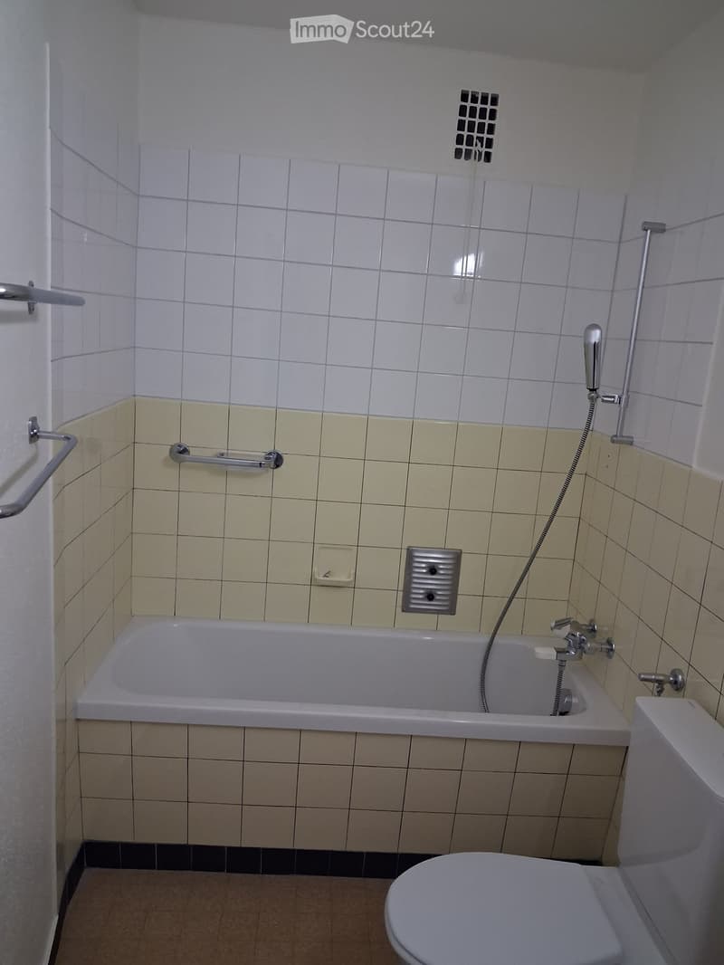 Bathroom with a bathtub, toilet, tiled walls, and a handheld showerhead attached to the wall.