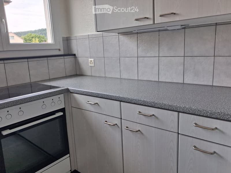 Modern kitchen with light grey cabinets, granite countertop, and built-in oven. The space features tiled backsplash and a window with a view of greenery.