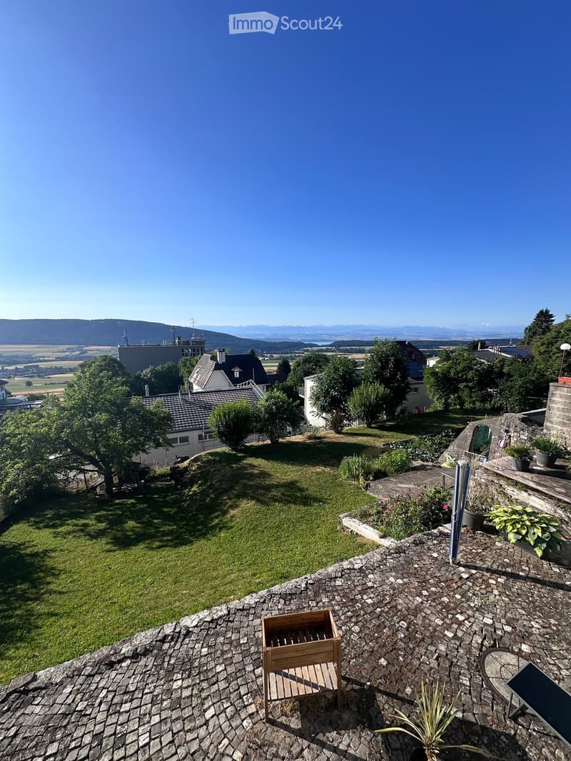 A serene garden area with a grassy lawn, scattered trees, and a stone-paved patio featuring a wooden bench and potted plants. The background shows a panoramic view of a rural landscape with fields and distant hills.