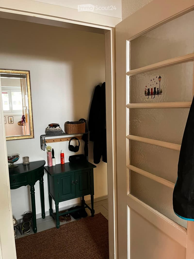 A well-lit hallway with a small green console table, a mirror, and a coat rack with jackets and shoes. The walls are painted in a light neutral color, and there is a decorative wall mural of cats on the right side.
