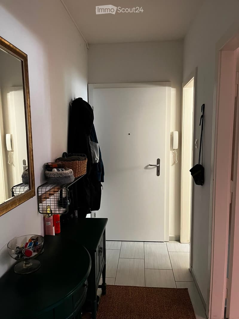 A narrow hallway with a white door at the end, a small shelf with various items, a mirror on the left, and a small rug on the floor.
