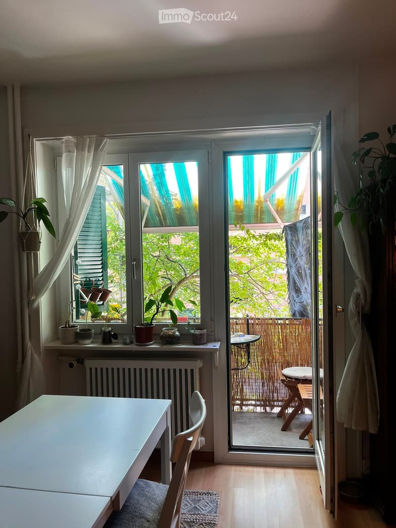 Bright room with large windows and a sliding glass door leading to a balcony. The room features a white dining table, a white chair, a radiator, and several potted plants on the windowsill. The balcony has a small table and chairs.