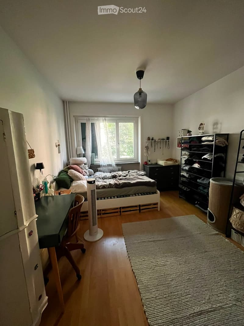Cozy bedroom with wooden flooring, a bed with pillows and blankets, a desk with a chair, a standing fan, a shelf with folded clothes, a small lamp, and a cat tree.