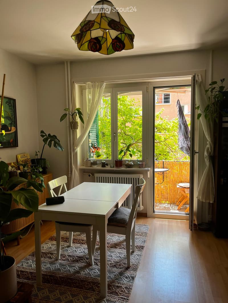 Bright dining area with a white table, two chairs, a patterned rug, and large windows overlooking a garden. There are plants on the windowsill and a picture frame on the wall.