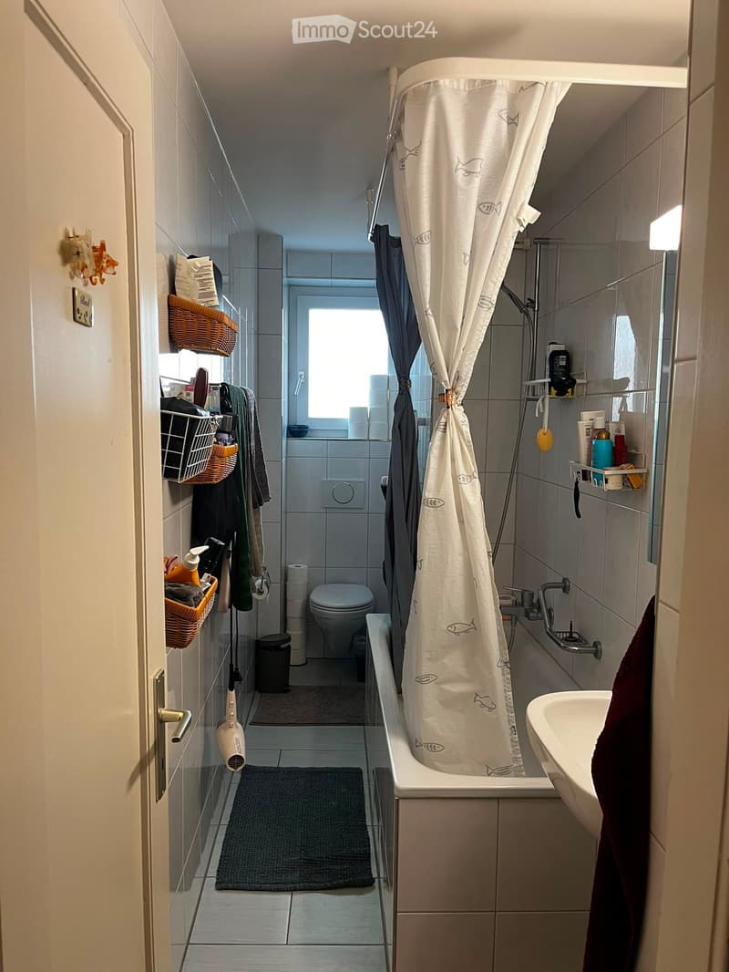 Modern bathroom with a toilet, bathtub, sink, shower curtain, and various toiletries. Includes a window, towels, and baskets on the wall.