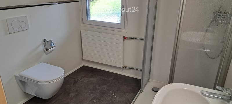 Modern bathroom with a toilet, sink, radiator, and a frosted glass shower enclosure. The room features a dark tiled floor and a window with a white frame.