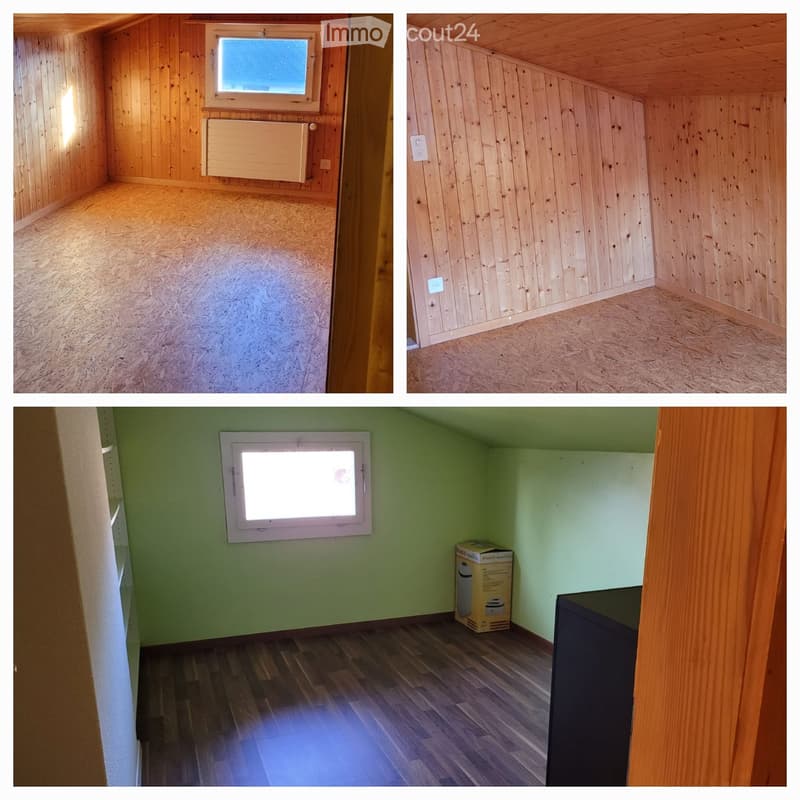 Four images show empty rooms with various finishes: wooden walls and floors, green walls and wooden floors, and a mix of wooden and concrete surfaces. All rooms are unfurnished with no visible furniture or equipment.