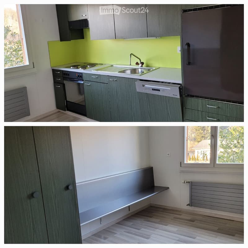 Modern kitchen with grey cabinets, green backsplash, stainless steel sink, oven, dishwasher, and refrigerator. Adjacent room features a built-in bench seat and wooden flooring.