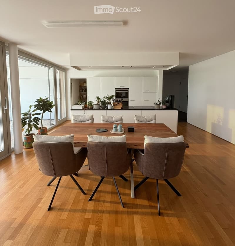 Modern dining room with a wooden dining table, six chairs, white cabinets, and a small kitchen area with an oven and potted plants.