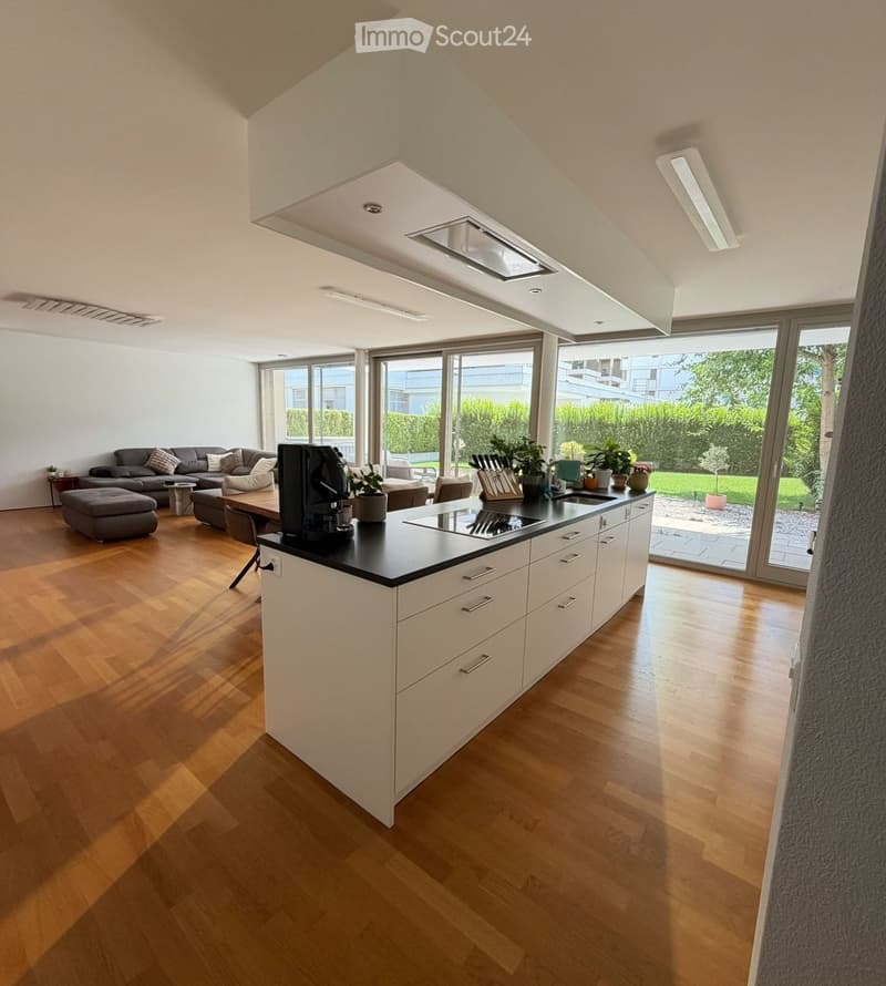 Open-plan kitchen and living area with wooden flooring, white cabinets, black countertop, induction stove, sink, sofa, ottoman, coffee table, and potted plants.