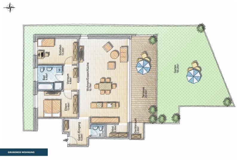 Floor plan of a house with multiple rooms including living room, dining room, kitchen, bedrooms, bathrooms, and a terrace.