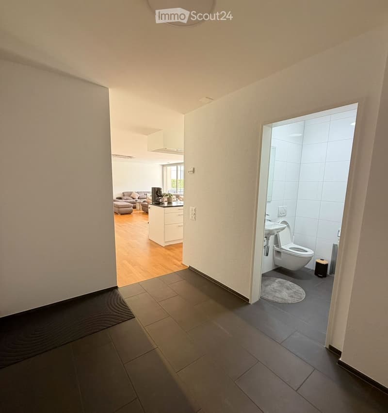 Hallway with tiled floor leading to a living area and a bathroom. The living area features a sofa, coffee table, and small kitchen counter. The bathroom includes a toilet, sink, and a small rug.
