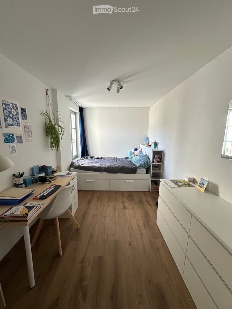 Cozy bedroom with wooden flooring, a bed with pillows and blankets, a desk with a chair, a bookshelf, and a potted plant near the window.