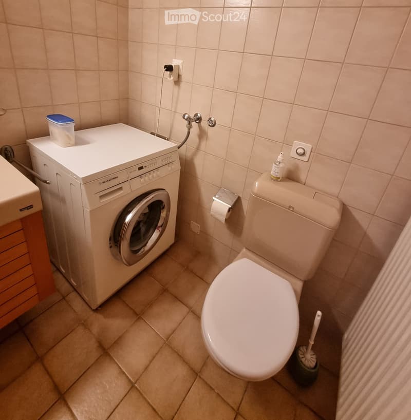 A small bathroom with a toilet, washing machine, and sink.