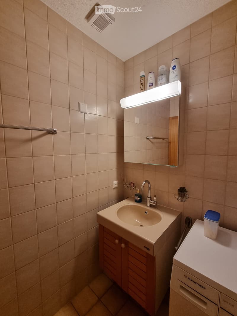 Bathroom with sink, mirror, wooden cabinet, and washing machine