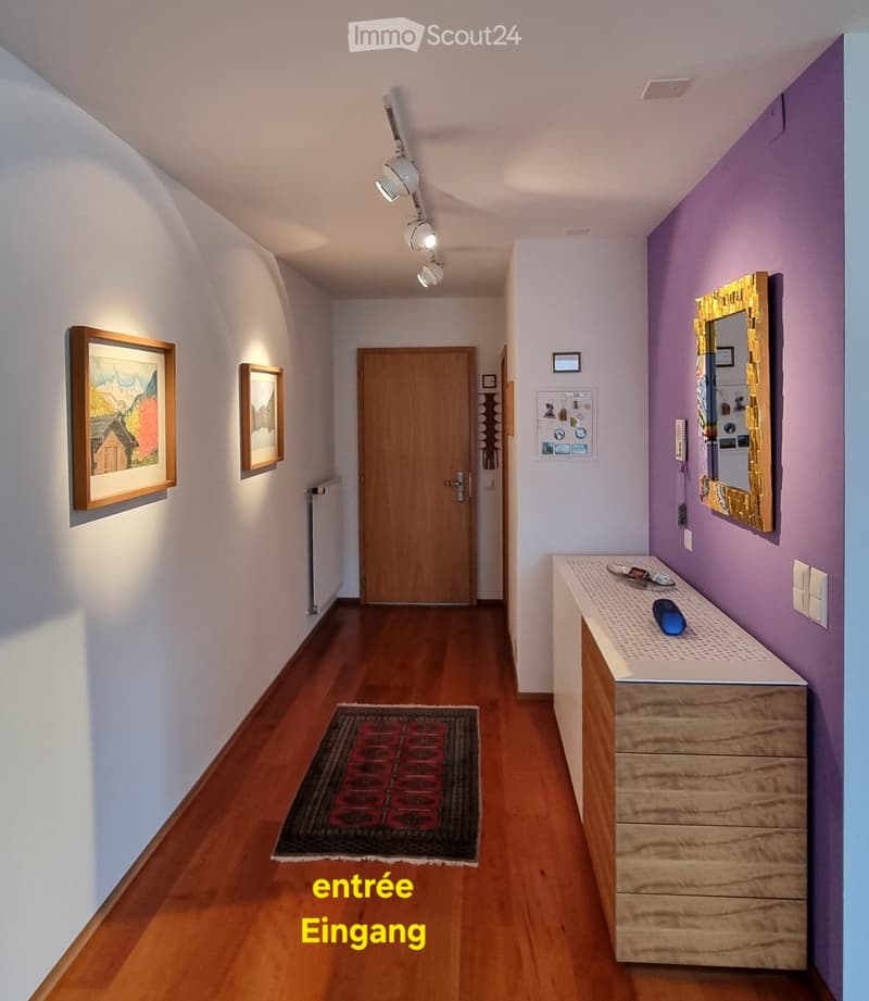 wooden floor, white walls, wooden door, wooden rug, wooden cabinet, paintings, mirror, radiator