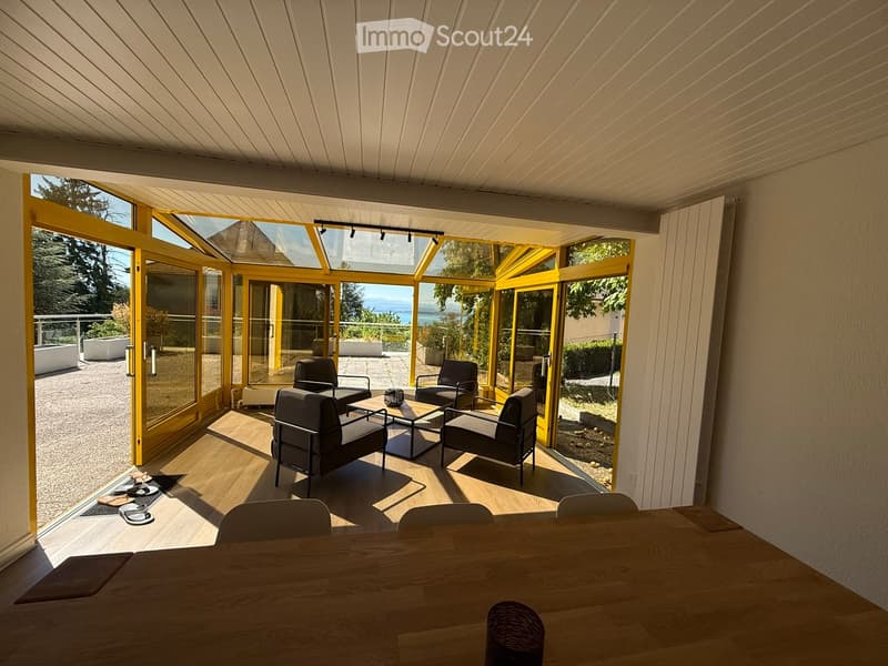 Bright, modern room with large glass doors leading to an outdoor area, featuring a wooden dining table, chairs, and a sofa.