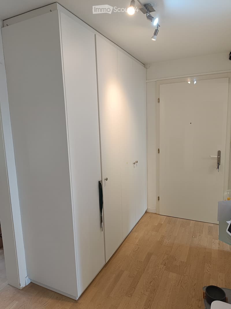 A narrow hallway with light wooden flooring, white walls, built-in white cabinets, and recessed lighting fixtures.