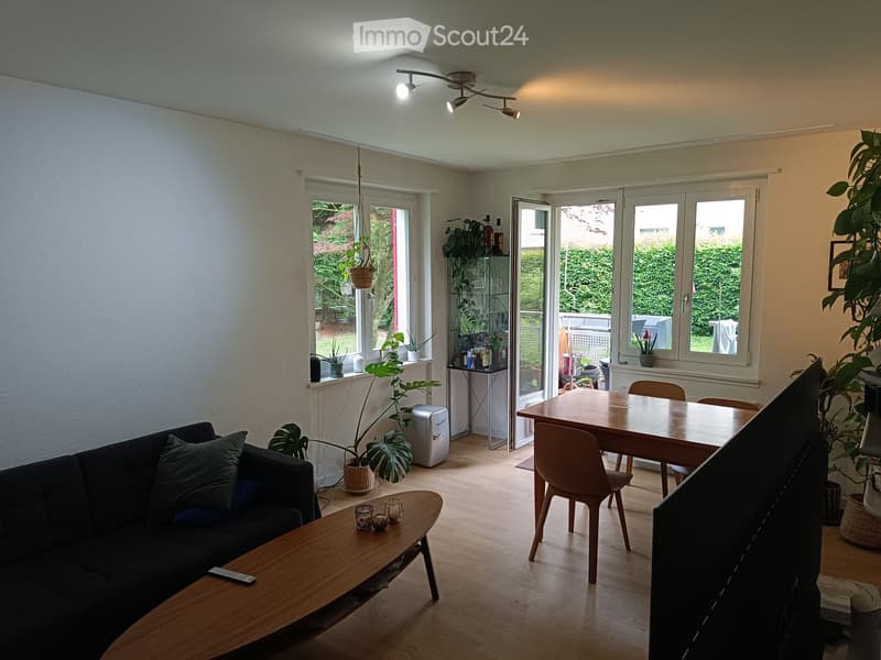 A modern living and dining area with a dark-colored sofa, wooden coffee table, dining table with chairs, and several potted plants. The space features large windows with a view of greenery outside and is illuminated by track lighting.