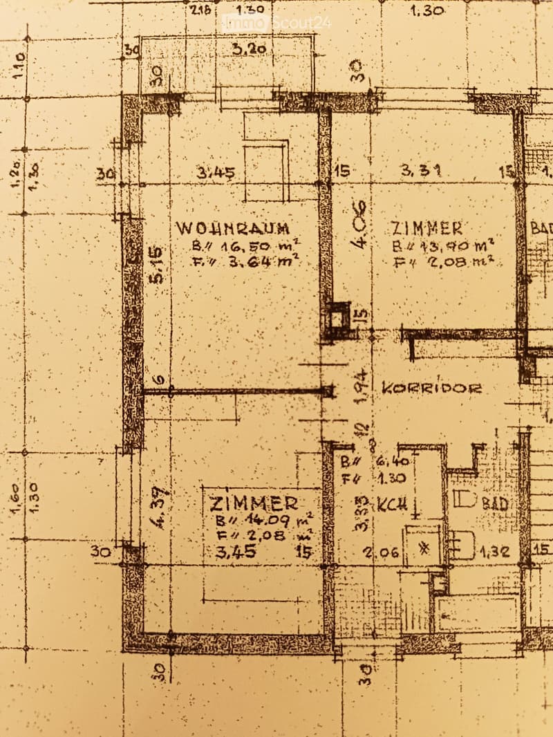 Floor plan showing a living room (Wohnraum), two bedrooms (Zimmer), a corridor (Korridor), a kitchen (Küche), and a bathroom (Badezimmer). Dimensions and room labels are provided.