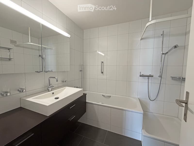 Modern bathroom with white tiles, a white sink with a chrome faucet, a bathtub, a large mirror with built-in shelves, and a shower area with a handheld showerhead and rail.