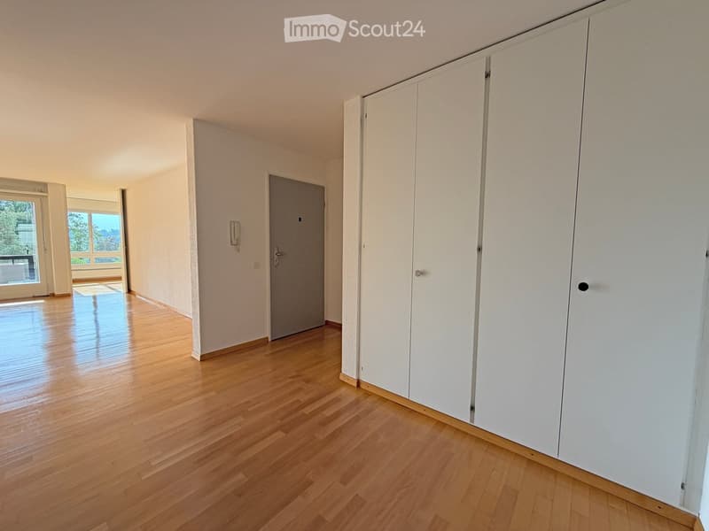 Empty room with wooden flooring, white walls, and a large built-in closet. A door leads to another room, and a hallway is visible in the background.