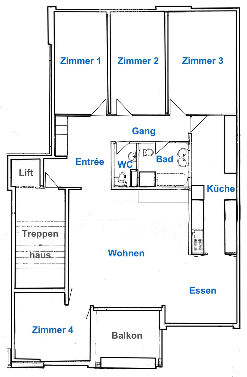 Floor plan showing four bedrooms, a living area, kitchen, bathroom, WC, entrance, hallway, staircase, and balcony.