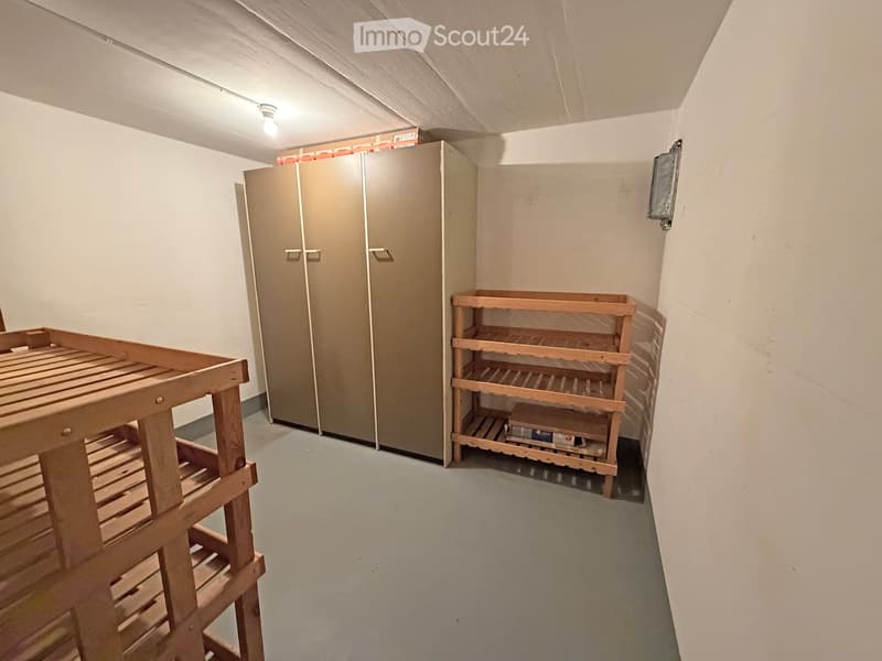 Empty storage room with wooden shelving units, a metal cabinet, and a light fixture on the ceiling.