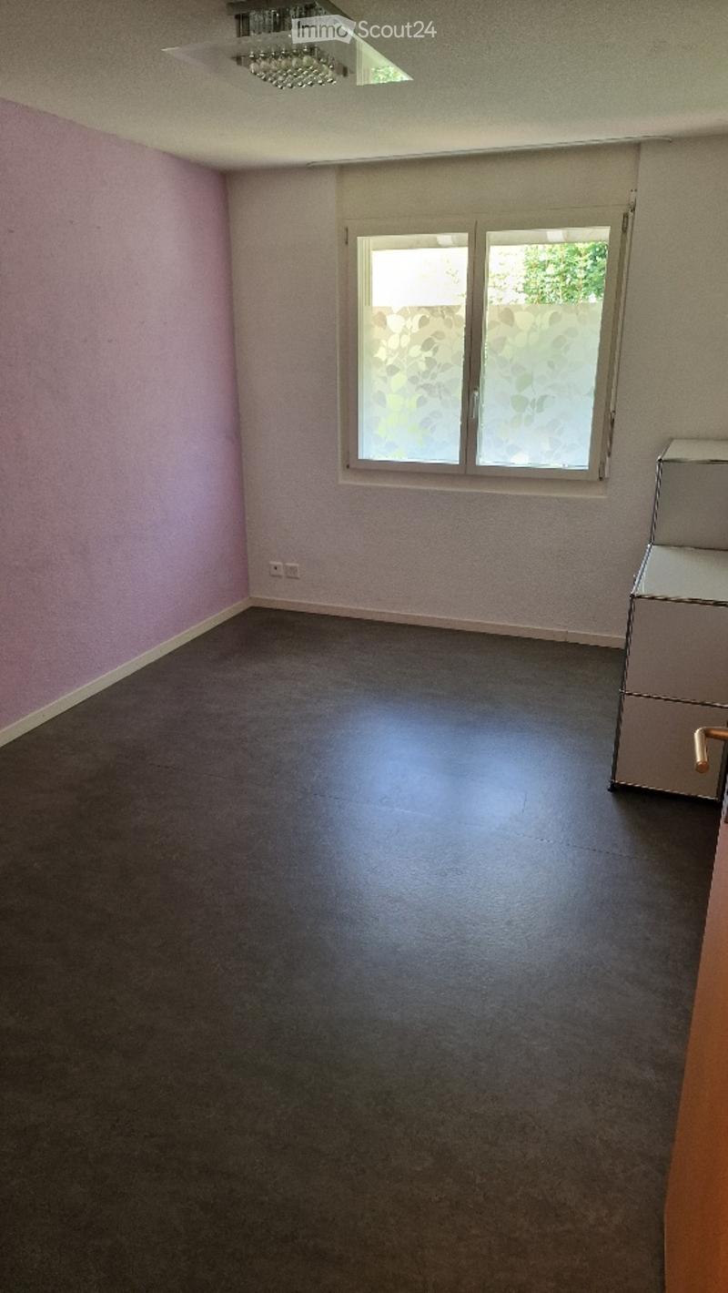 Empty room with light pink walls, dark flooring, and a window with frosted glass panels. A small cabinet is visible on the right side.