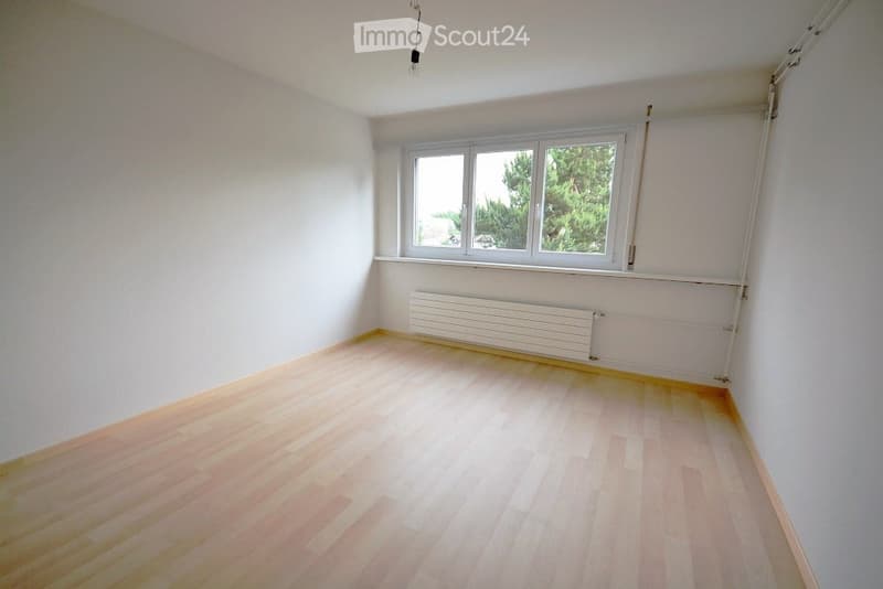 Empty room with light wooden flooring, white walls, and a large window with a radiator below it.