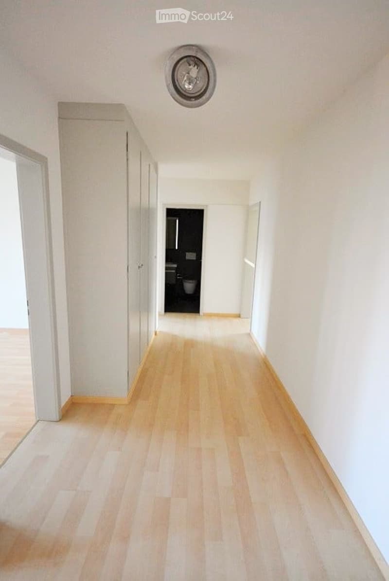 Empty hallway with light wooden flooring, white walls, and a ceiling light fixture. A closed door leads to a room at the end.