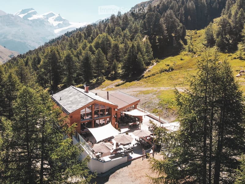 A large wooden building with a modern design, featuring a spacious outdoor terrace with tables and umbrellas, surrounded by lush greenery and mountains.