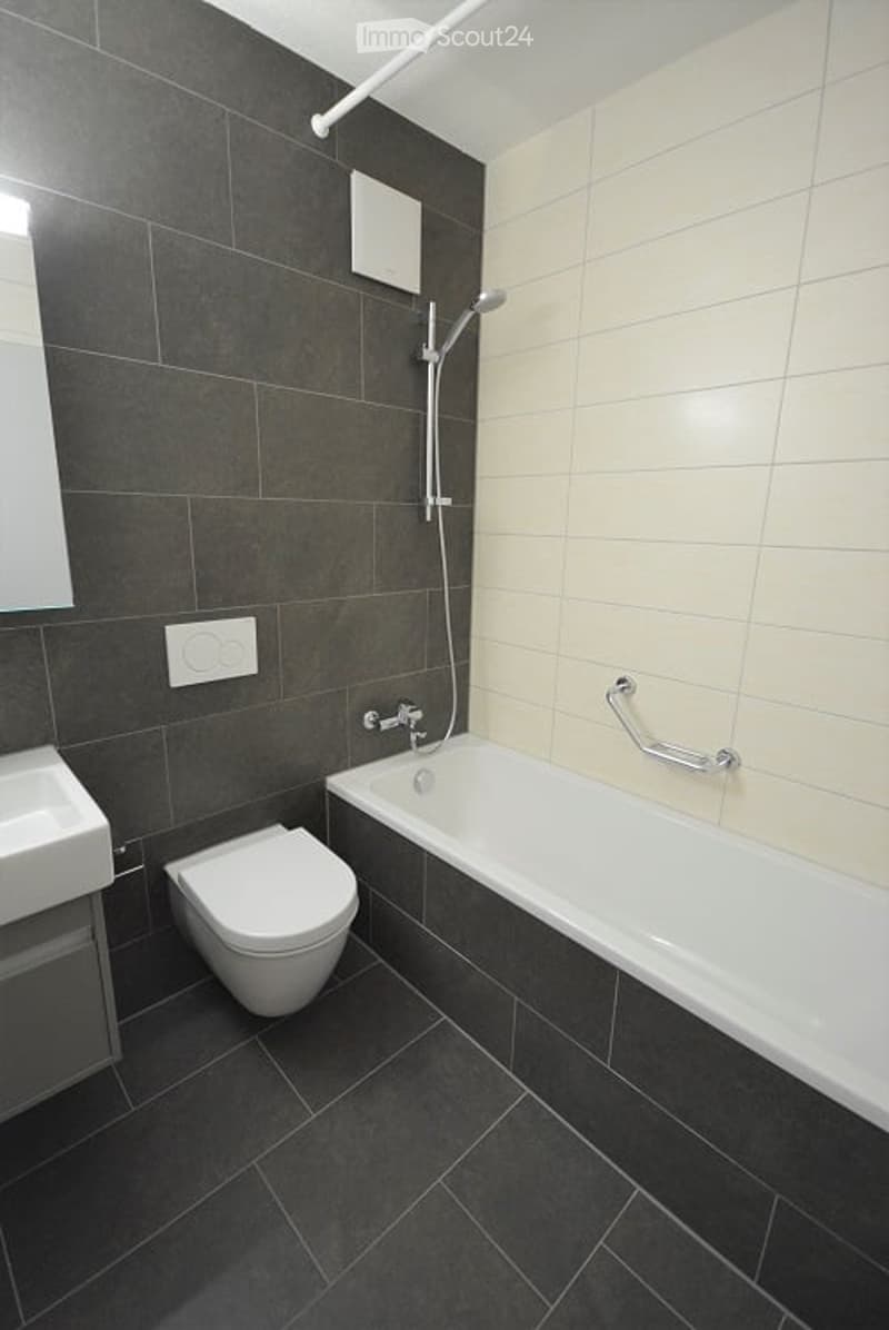 Modern bathroom with dark grey tiles, a bathtub, toilet, sink, and a showerhead with a handrail.
