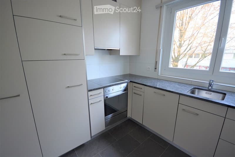 Modern kitchen with white cabinets, stainless steel stove, sink, and countertop.
