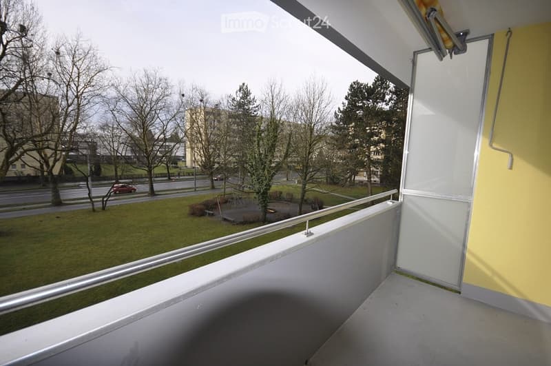 Balcony with white railing, yellow wall, and view of a park with trees and a road.
