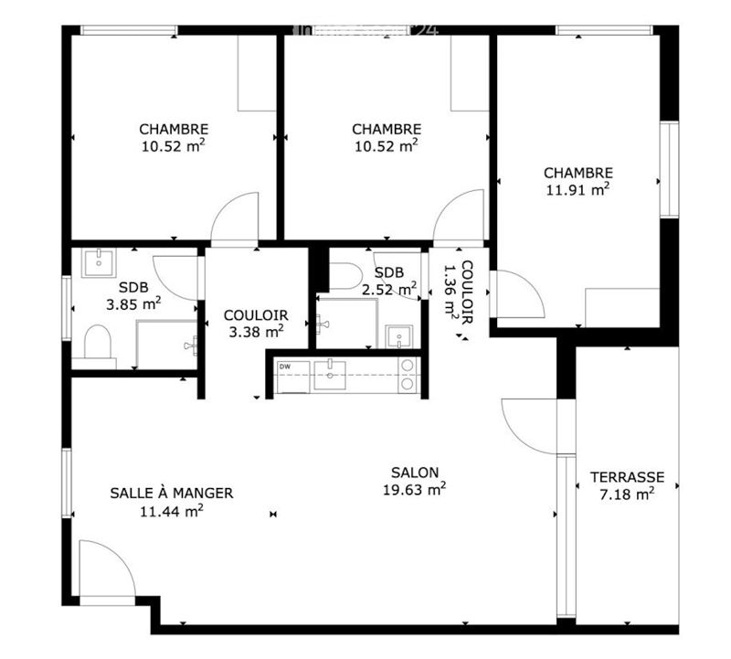 Floor plan showing a layout with three bedrooms, a living room, a dining room, a hallway, two bathrooms, and a terrace.