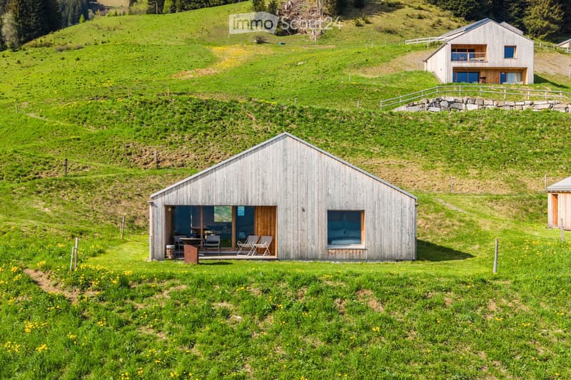 A modern wooden house situated on a grassy hillside, featuring large windows and an open porch area with outdoor furniture.