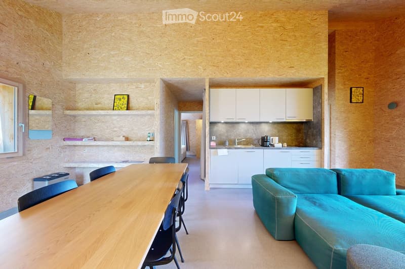 Modern open-plan living and dining area with a turquoise sofa, wooden dining table, black chairs, and a white kitchen with cabinets, sink, and coffee maker.