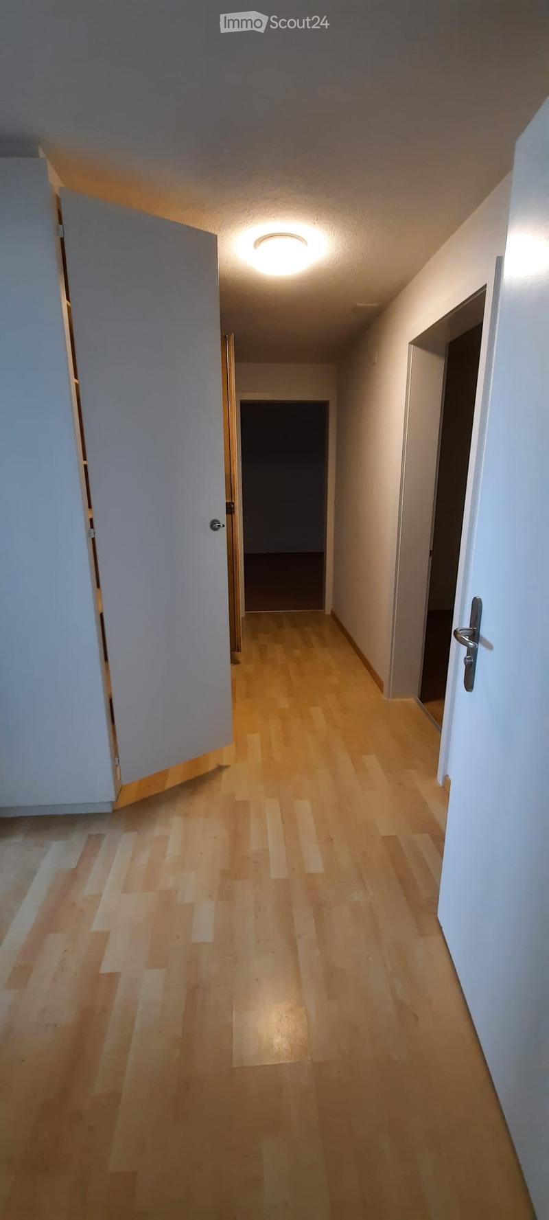 Empty hallway with wooden flooring, white walls, and recessed ceiling lighting. Doors are visible on both sides.